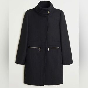 Mango Black Wool Trench Coat with Silver Accents